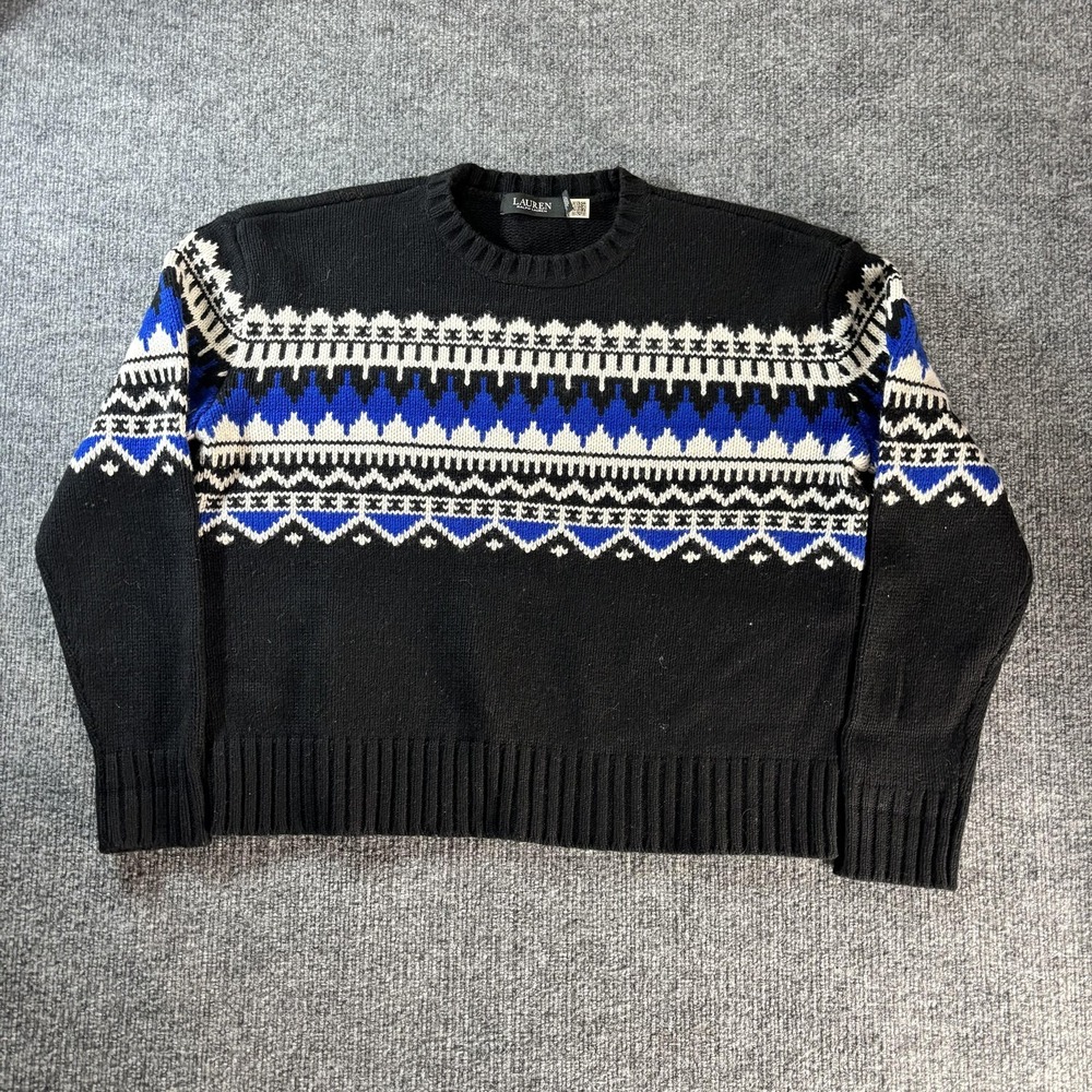 Lauren Ralph‎ Lauren Sweater Womens Large Black Fair Isle Knit Pullover Crewneck